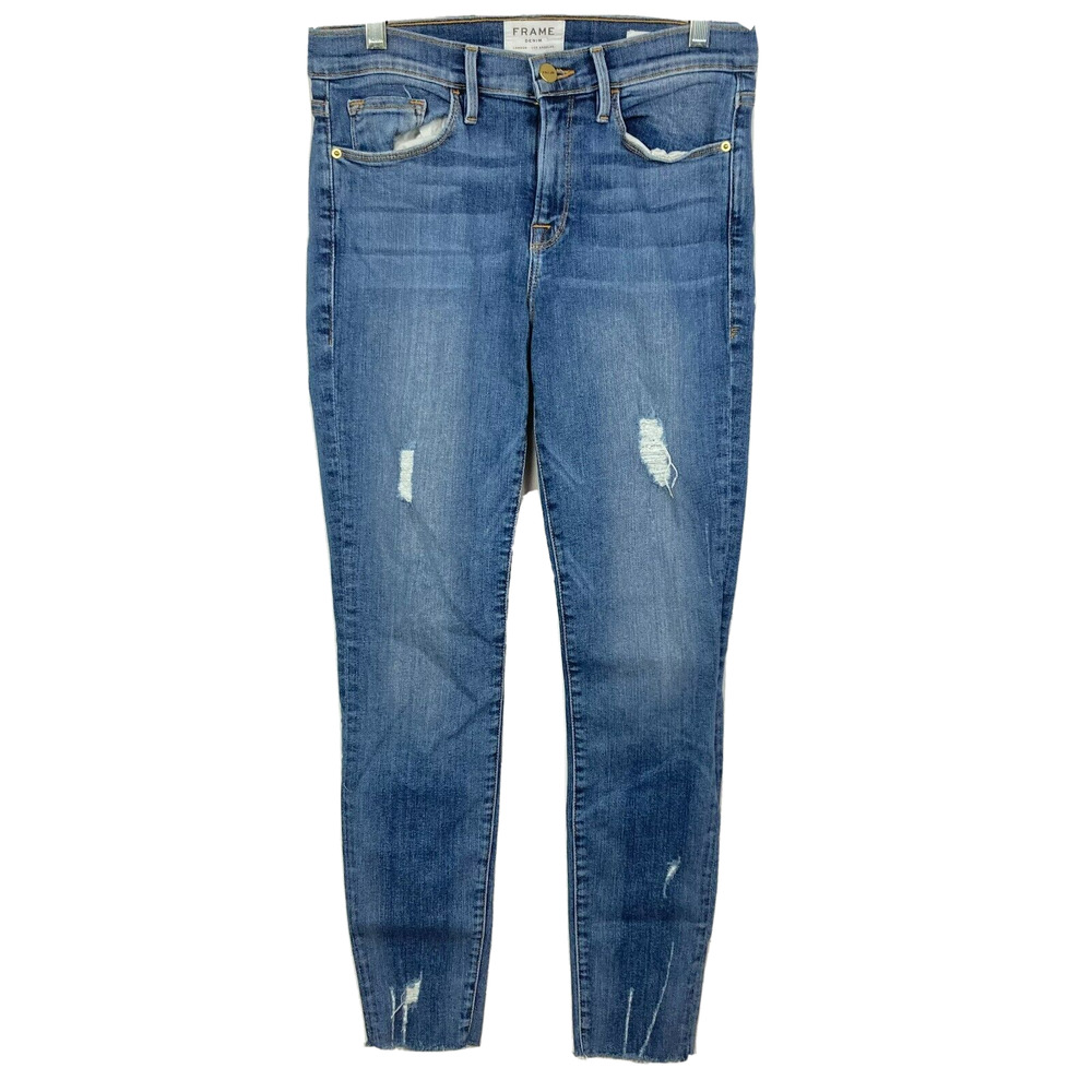 Frame Jeans Womens Sz 30 Blue Le Skinny De Jeanne Distressed Raw Hem